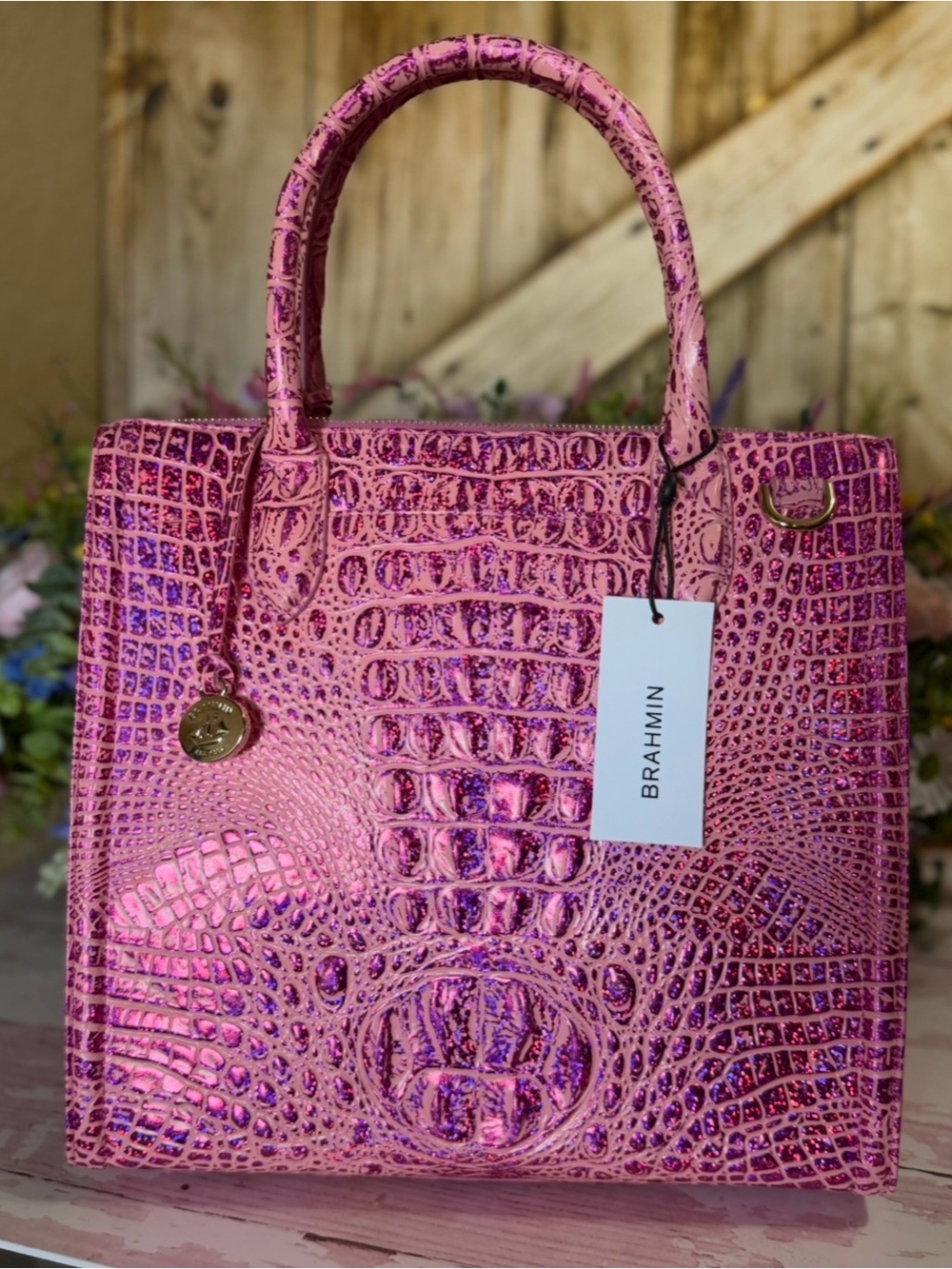 NWT Brahmin Caroline Empower Melbourne Leather Pink Purple sparkle FIRM $ 2 EYES - Picture 2 of 16